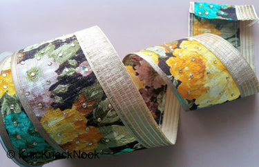 Brown And Gold Fabric Trim With Yellow, Green And Brown Floral Design Embellished With Diamantes, Digital Print Trim Border - 200317L404